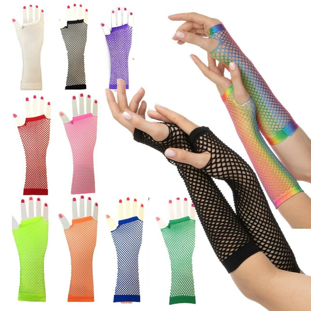 Fishnet Gloves 1980s Rave Hen Party Neon Fancy Dress Costume: Pink