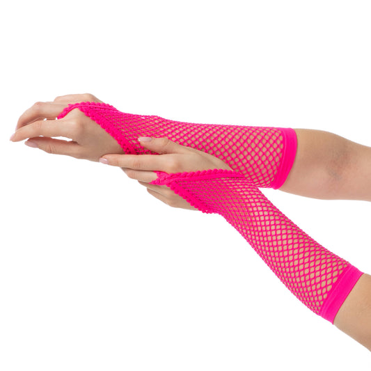 Fishnet Gloves 1980s Rave Hen Party Neon Fancy Dress Costume: Pink