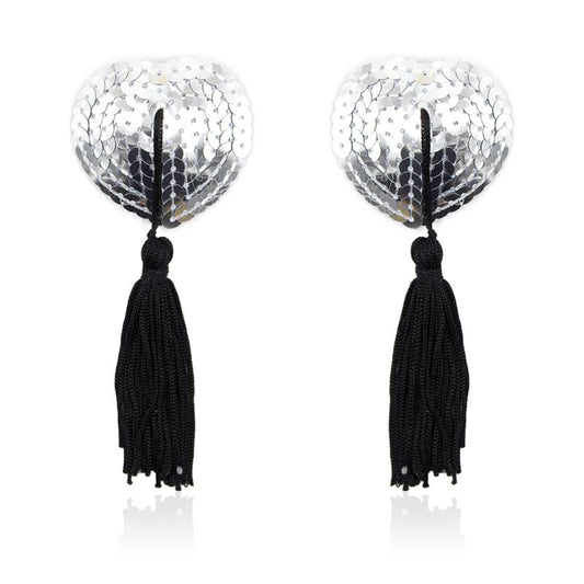 Self-Adhesive Heart Sequin Nipple Cover with Tassel Silver/Black